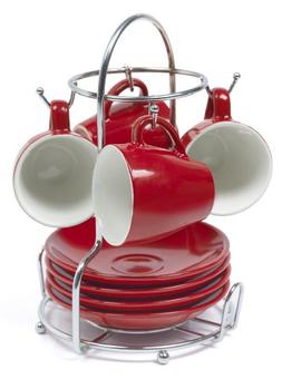 Imusa A120-22179 Red Stoneware Espresso Set with Chrome Rack