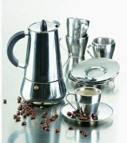 NIB IMUSA 9 PC STAINLESS STEAL ESPRESSO SET 4 Cups & Saucers