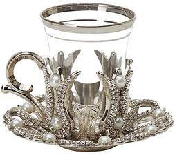 Set of 6 Turkish Style Tea Glasses with Brass Holder Saucer 